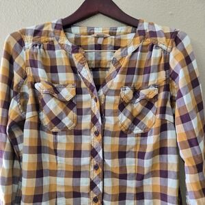 Duluth Trading Co Womens Crosscut Wicking Flannel Shirt Med Purple Gold Pockets‎